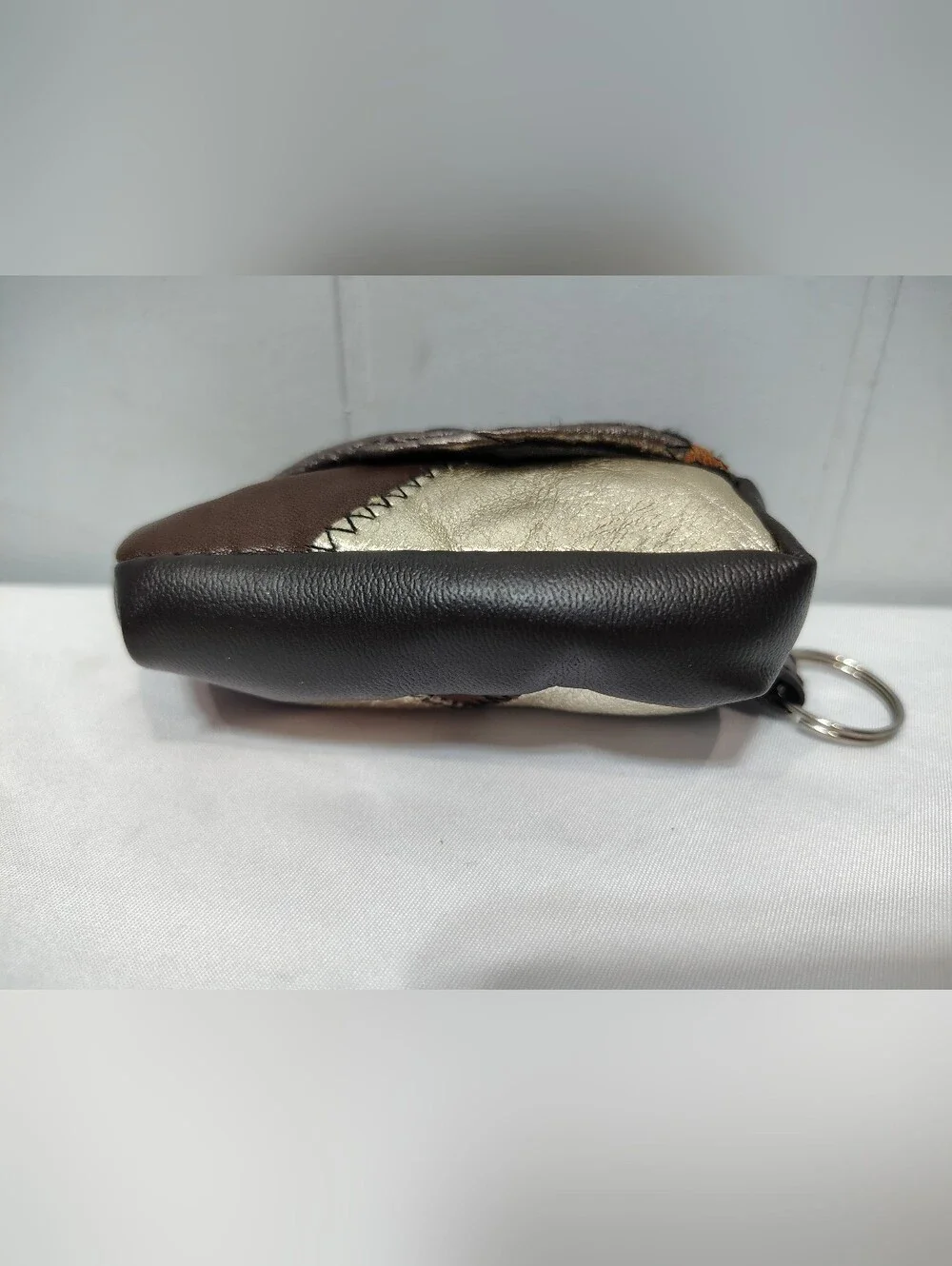 Vintage Brown Patchwork Leather Key Ring Wallet Coin Pouch Zig Zag Stitch